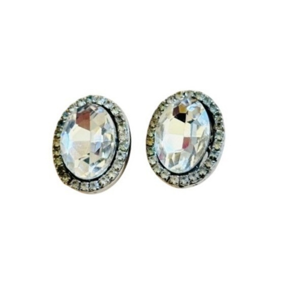 VTG Les Bernard Rhinestone Clip Earrings Statement Rhinestone Chunky Oval Silver